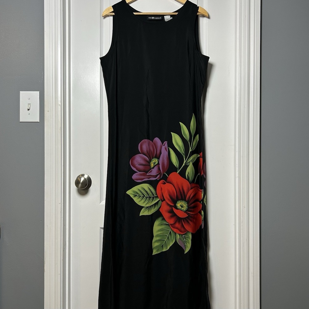 Sag Harbor Vintage 90s Black Floral Sleeveless Maxi Dress Whimsy Goth Style